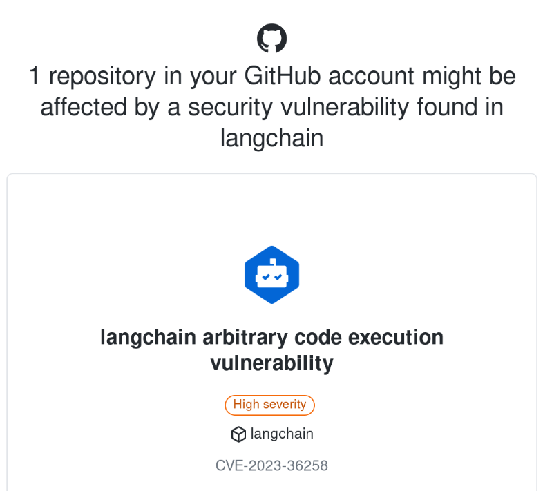 Email from GitHub stating that one of my repositories may be affected by a vulnerability in LangChain. It is labeled high severity and is CVE-2023-36258.