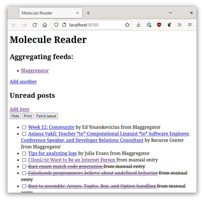 A screenshot of Molecule Reader, showing the feeds which are aggregated as well as the latest items.