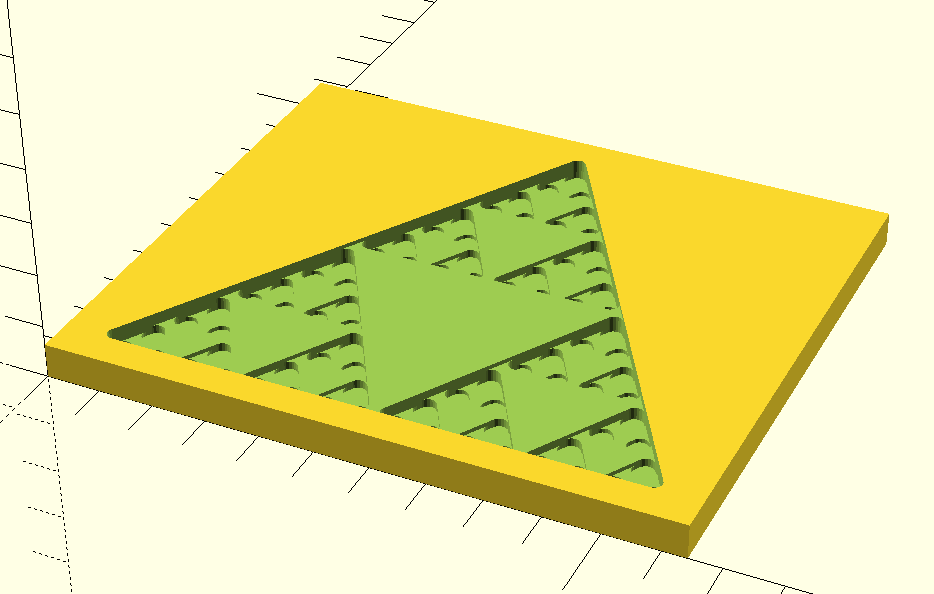 Screenshot of a render of Sierpinski triangle carved out of a block of wood.