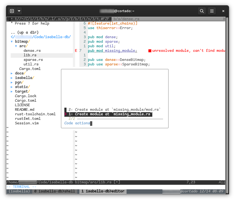 Screenshot of the vim text editor showing a code action to generate a missing module file