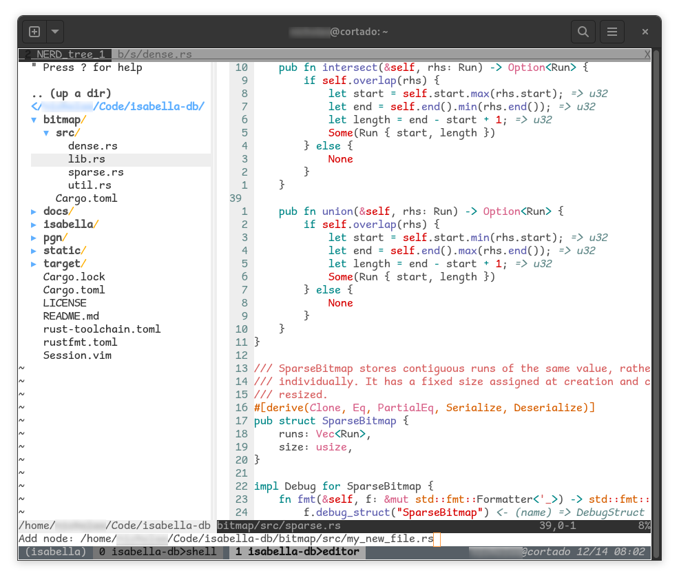 Screenshot of the vim text editor showing file operations with nerdtree